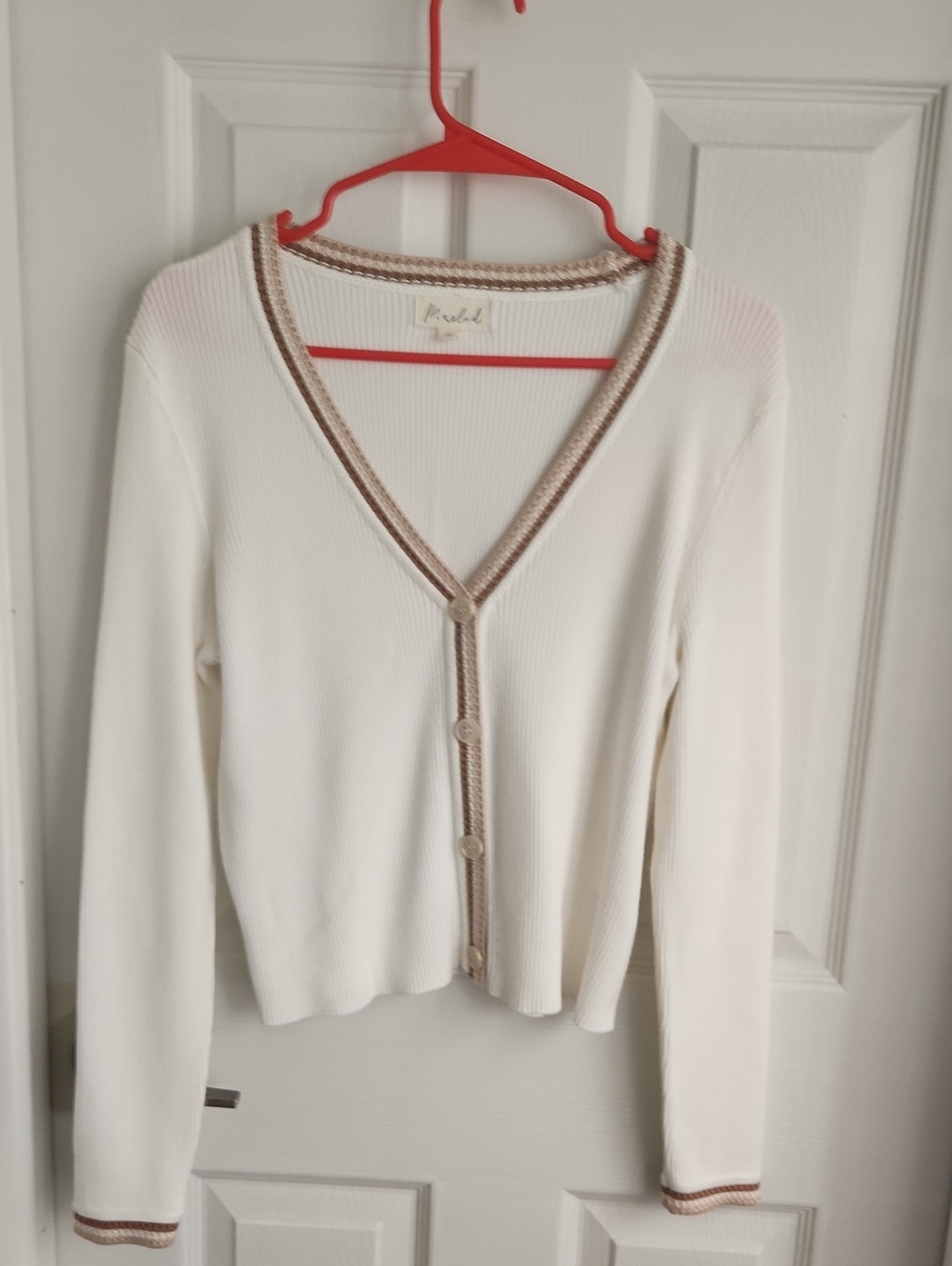 Marled Cream V-Neck Button Cardigan with Tan Trim